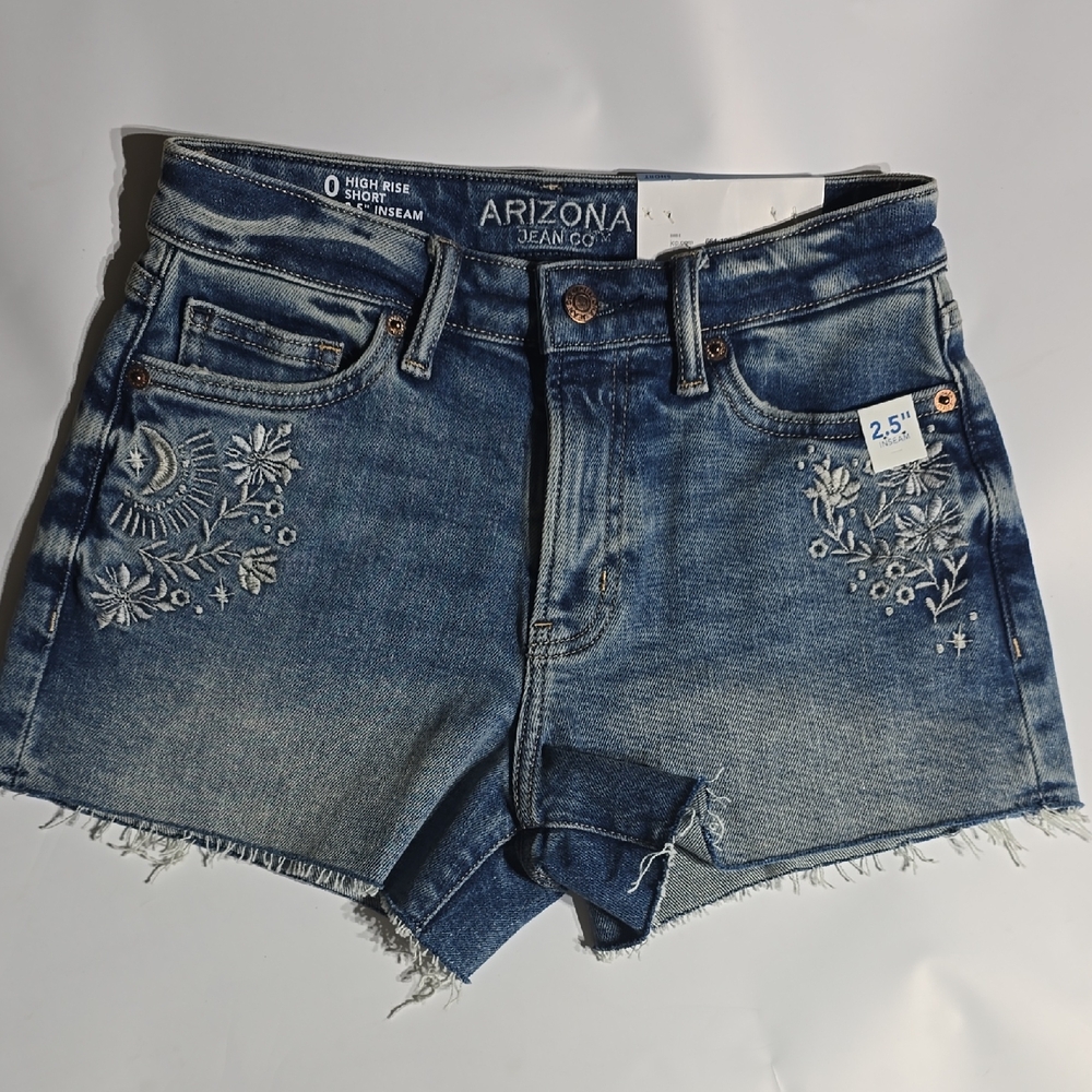 Arizona Jean Shorts Womens Blue Embroidered High Rise Size 0 NWT